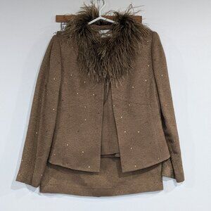 Albert Nipon Wool Blend Ostrich Feather 3-Piece Suit Set Brown Size 6